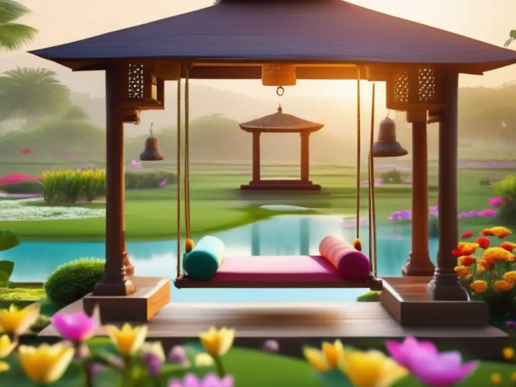 Retiro Ayurveda sereno en India Retiro Ayurveda India: Jardín floreciente, columpio tradicional, estanque sereno, naturaleza exuberante, bienestar físico y mental