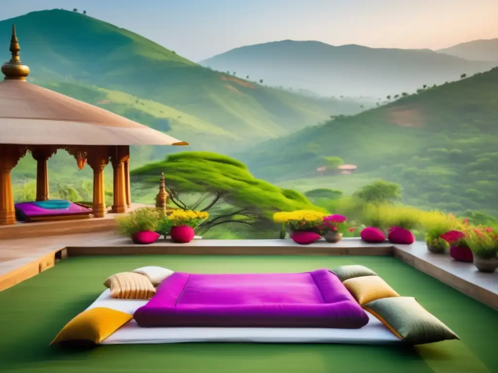 Retiro de Ayurveda en India: Serenidad y belleza Retiro Ayurveda para mayores en India: Serenidad y belleza en un paisaje verde con una acogedora y colorida pavilion rodeada de flores y palmeras
