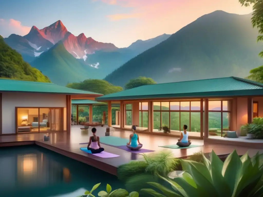 Retiro de bienestar en la naturaleza Retiros de salud para viajeros mayores en un centro tranquilo rodeado de naturaleza, con arquitectura moderna y actividades de yoga y spa