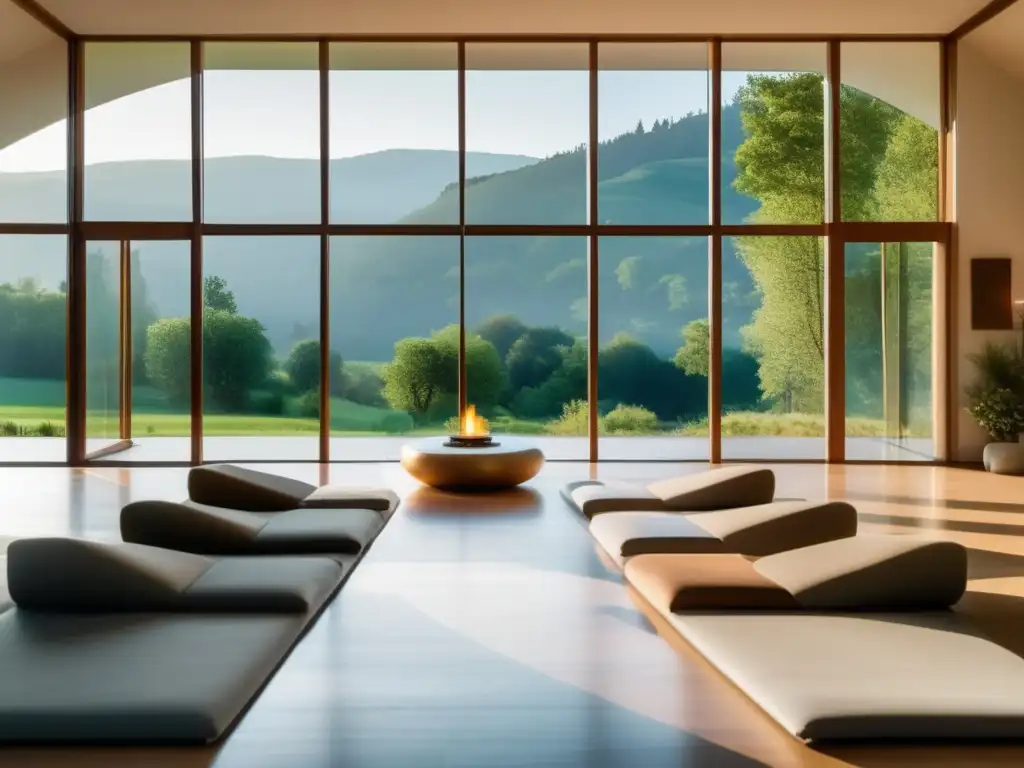 Retiro de meditación en Europa Retiro meditación Europa: paisaje sereno, centro moderno, meditadores en paz, armonía y tranquilidad