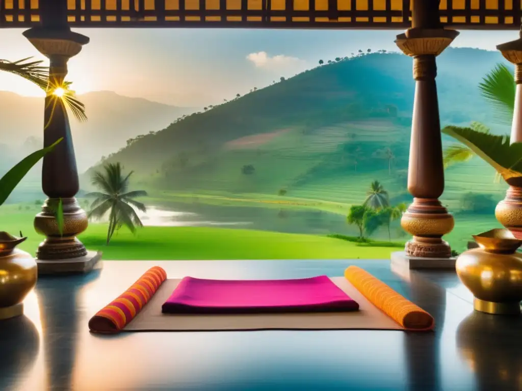 Retiro de meditación en la India Meditación espiritual en India: retiro sereno en un paisaje verde con río, palmeras, decoración tradicional y personas meditando