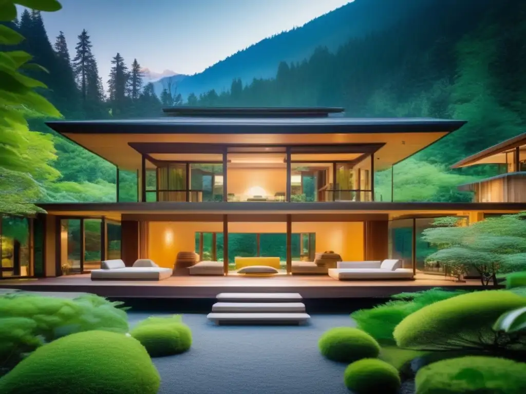Un retiro de meditación sereno y moderno en las montañas nevadas Un retiro de meditación para viajeros maduros rodeado de montañas nevadas, árboles verdes y un impresionante edificio moderno