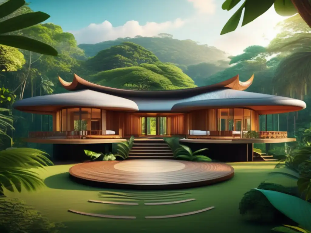 Retiro de meditación en la selva Retiro de meditación en Latinoamérica: paisaje sereno y colorido con centro moderno y naturaleza exuberante