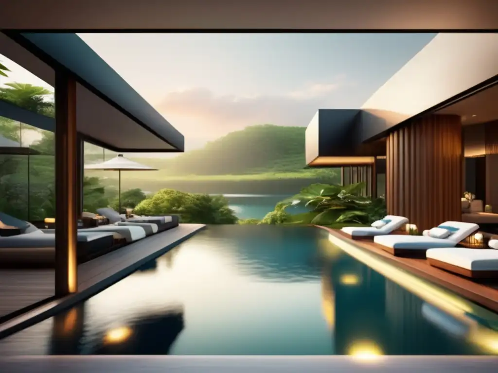 Spa de lujo rodeado de naturaleza Un retiro de spa lujoso rodeado de naturaleza exuberante, con piscina infinita y arquitectura moderna