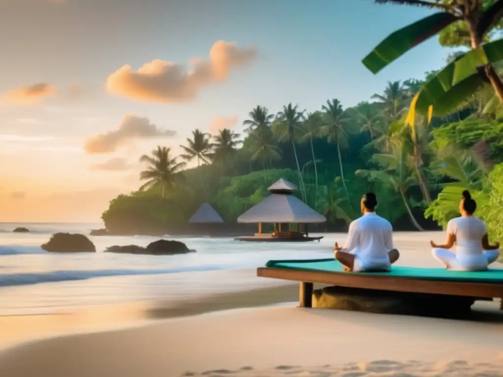 Retiro espiritual en Bali Viajes espirituales en Bali: Retiro espiritual en una playa serena al amanecer, con yoga y meditación en un entorno tropical