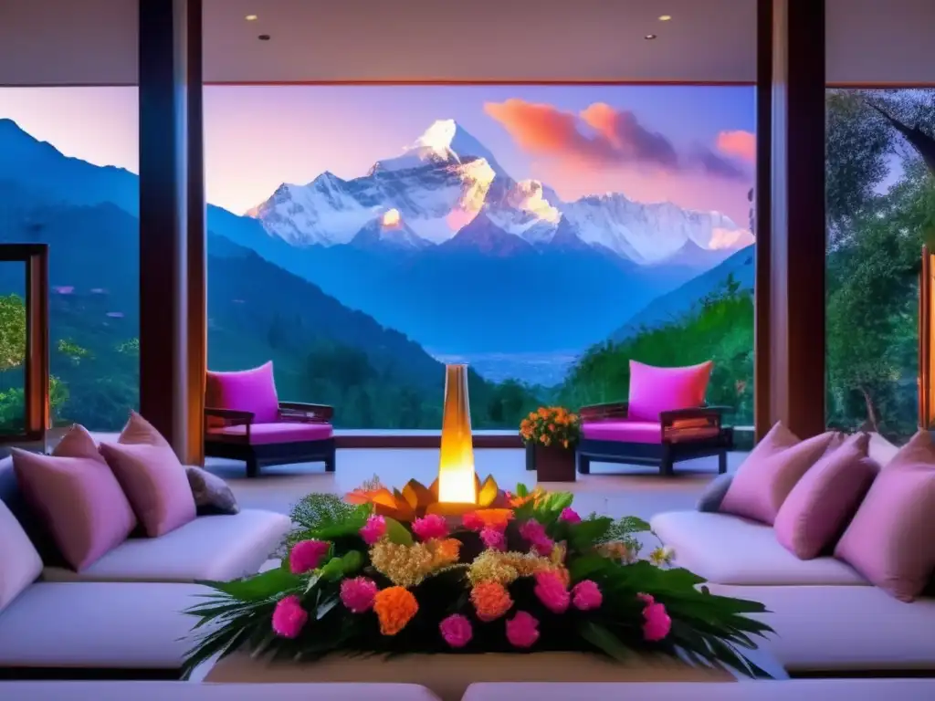 Retiro de meditación en los Himalayas Retiros de meditación en Nepal: Amanecer en los majestuosos Himalayas, con picos nevados en tonos rosados y naranjas