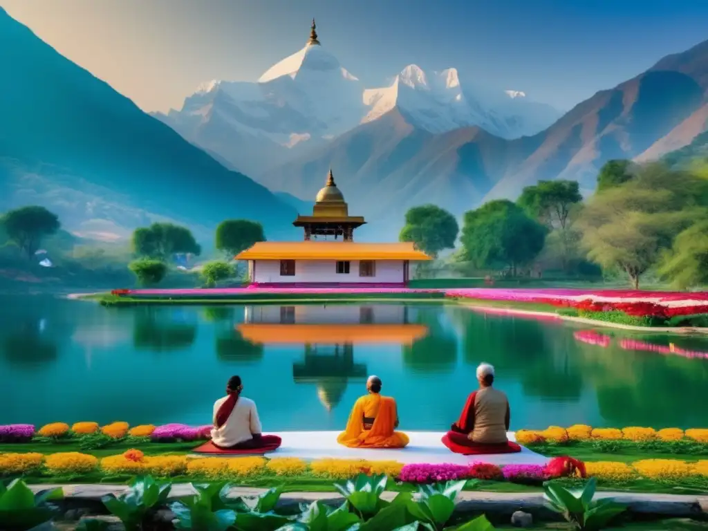 Ashram en los Himalayas: pureza y meditación Meditación espiritual en India: ashram sereno rodeado de montañas nevadas y naturaleza exuberante