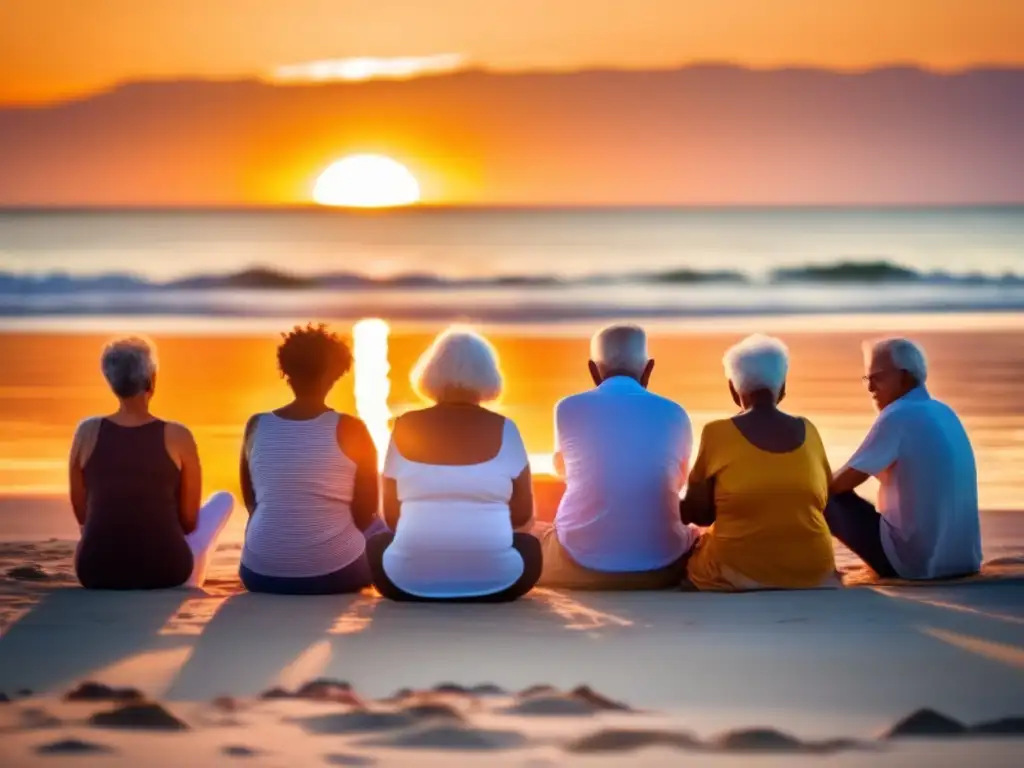 Meditación espiritual de seniors en playa al atardecer Un grupo de seniors en meditación espiritual en una playa al atardecer, transmitiendo tranquilidad y conexión con la naturaleza