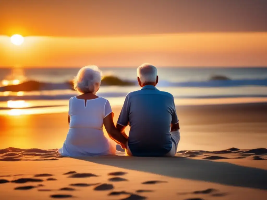 Pareja de ancianos en playa al atardecer Retiro espiritual: pareja mayor, amor y naturaleza
