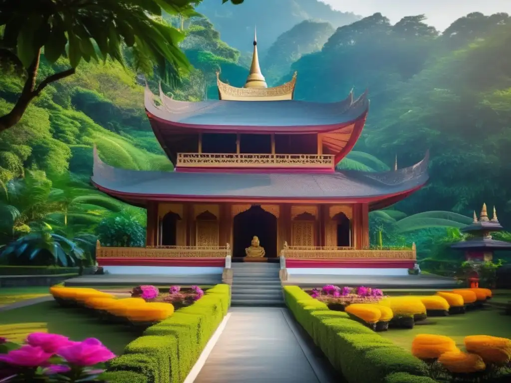 Retiros espirituales en un paisaje verde con templo, flores y meditación