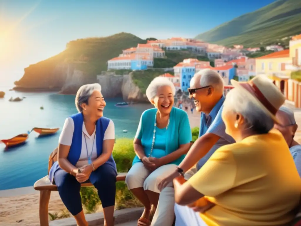 Retirados disfrutando de inmersión lingüística y cultural Un grupo de jubilados disfrutando de un programa de inmersión lingüística en un encantador pueblo costero