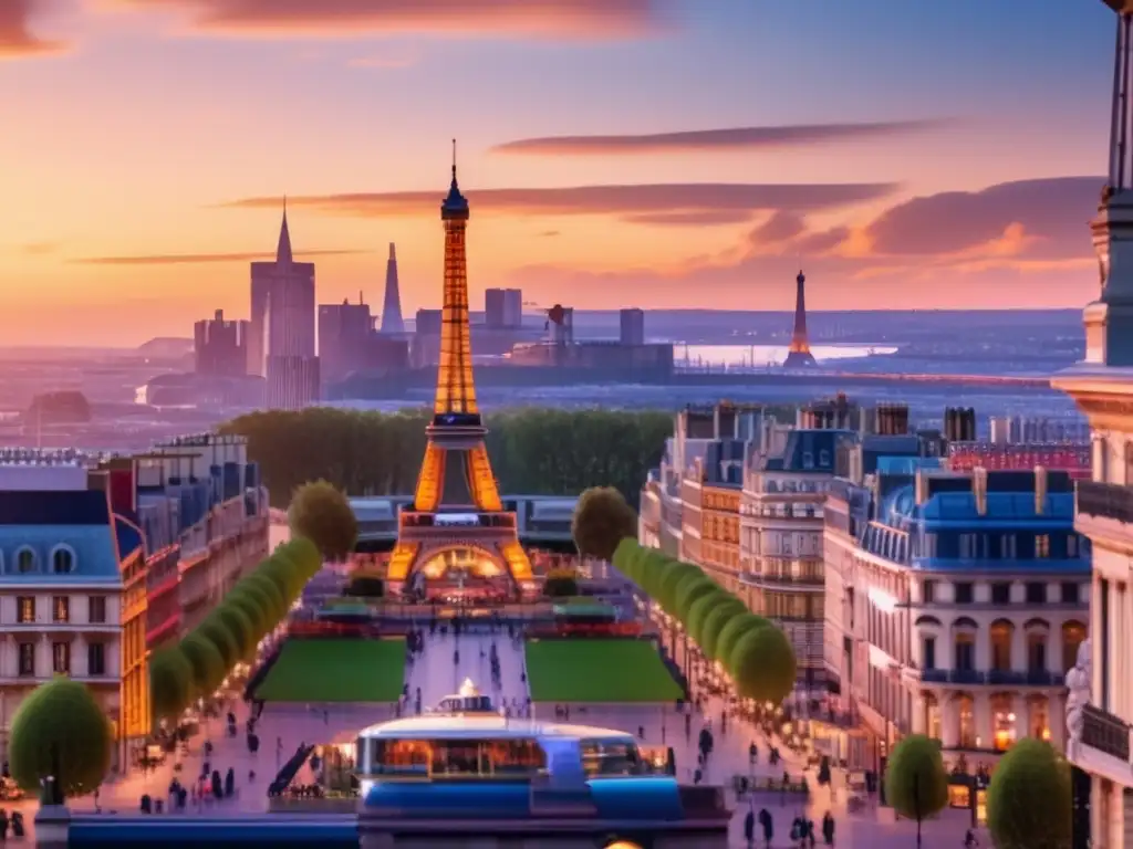 Vibrante ciudad al atardecer con iconos famosos Una vibrante ciudad al atardecer, con la Torre Eiffel, el Big Ben y la Estatua de la Libertad