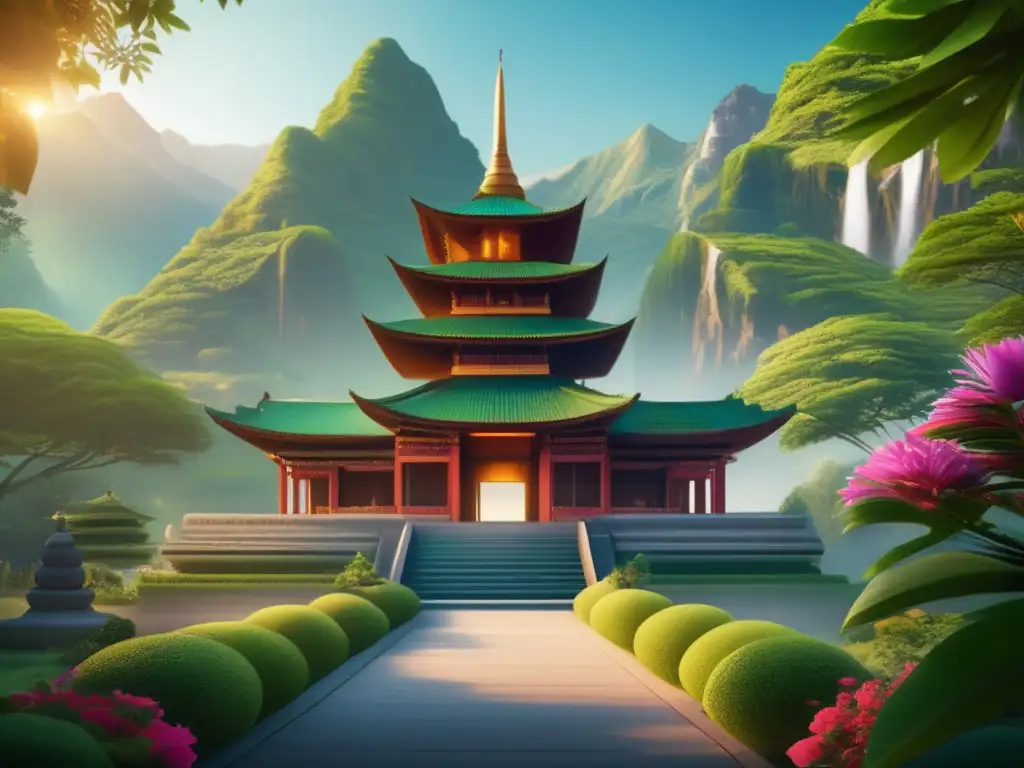 Un retiro espiritual sereno en un templo rodeado de naturaleza y montañas