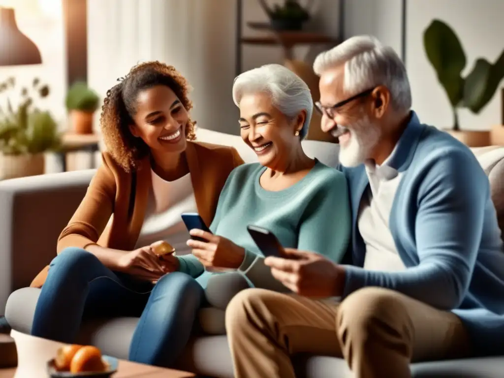 Familia conectada a través de la tecnología Familia multigeneracional en sala acogedora, conectados con soluciones tecnológicas para viajeros seniors y su familia