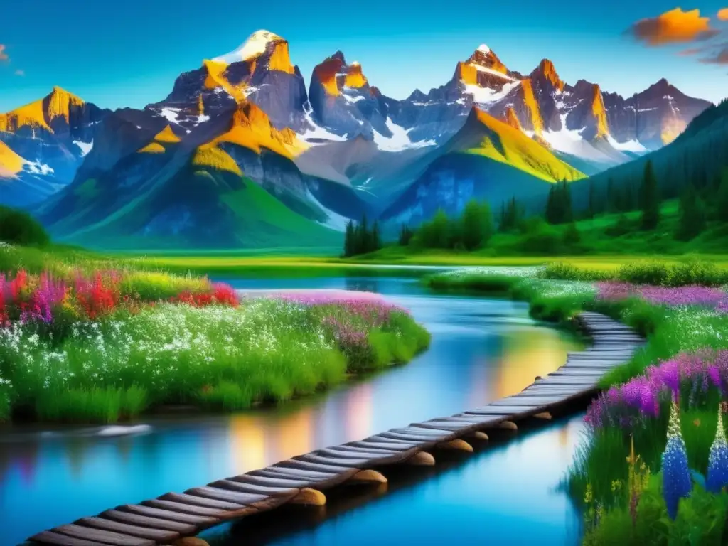 Paisaje sereno con río, montañas y puente Cuidados viajes seniors salud: Paisaje sereno y pintoresco con un río serpenteante, montañas nevadas y flores silvestres coloridas