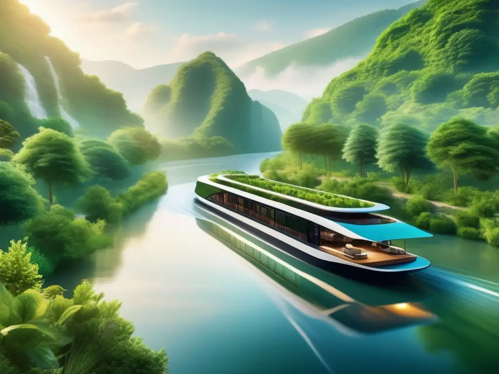 Paisaje sereno de río con crucero ecológico Ventajas cruceros fluviales eco: paisaje río sereno, barco moderno, agua cristalina, naturaleza exuberante, colores vibrantes