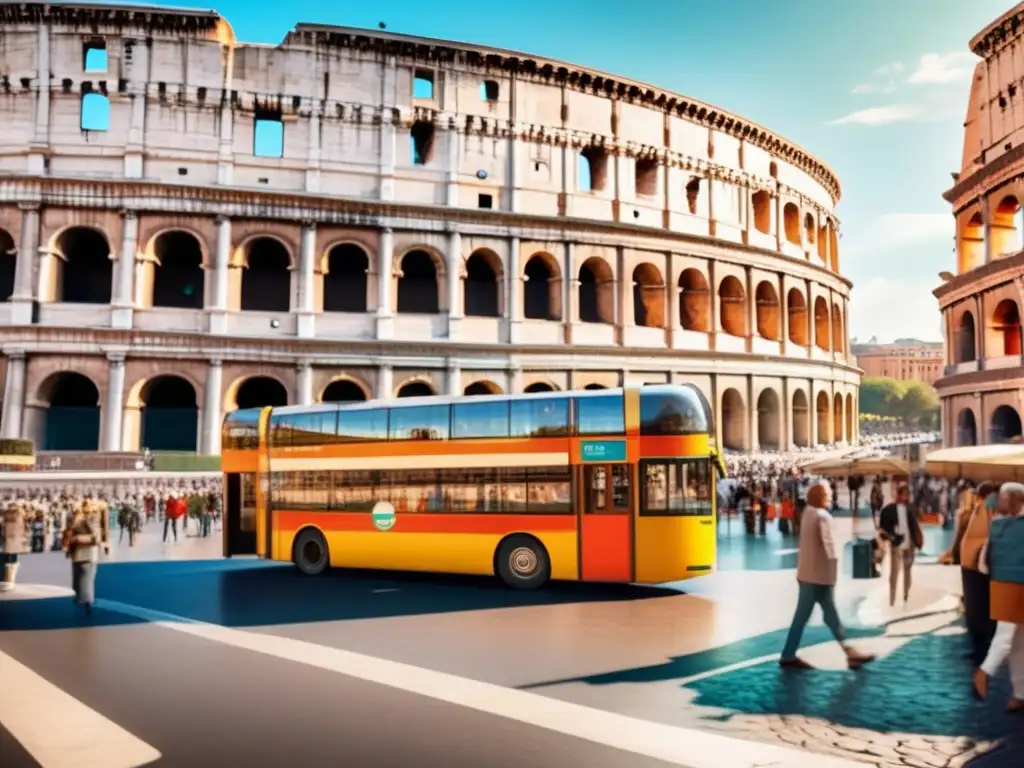 Coliseo y transporte público accesible en Roma Consejos para viajeros maduros en Roma: día soleado en la ciudad, Coliseo al fondo, trams y buses vintage en una animada calle