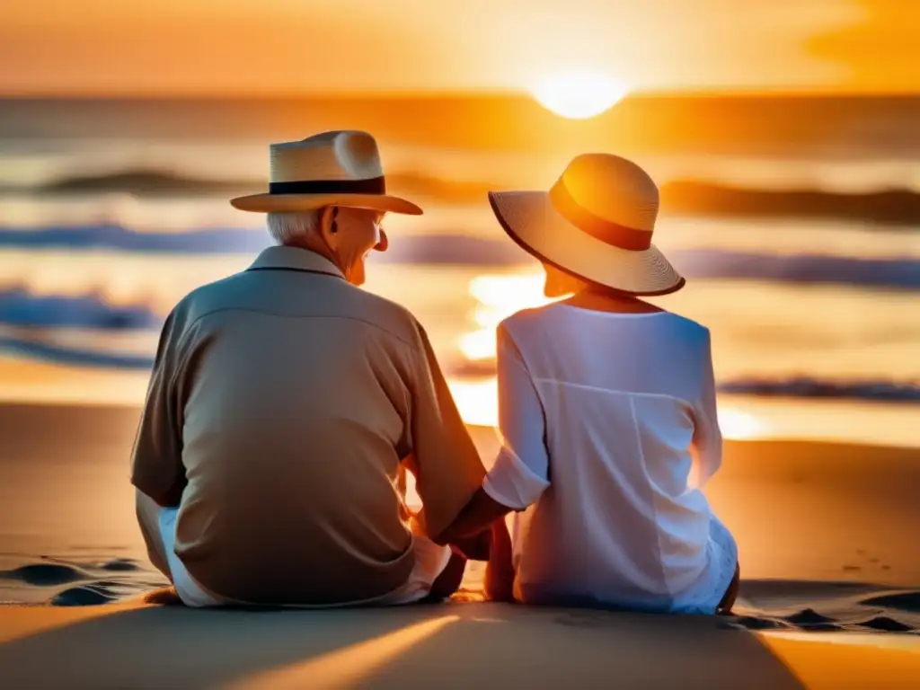 Consejos de seguridad para viajeros mayores en una playa tranquila al atardecer, pareja sonriente y relajada con sombreros, ambiente sereno y cálido