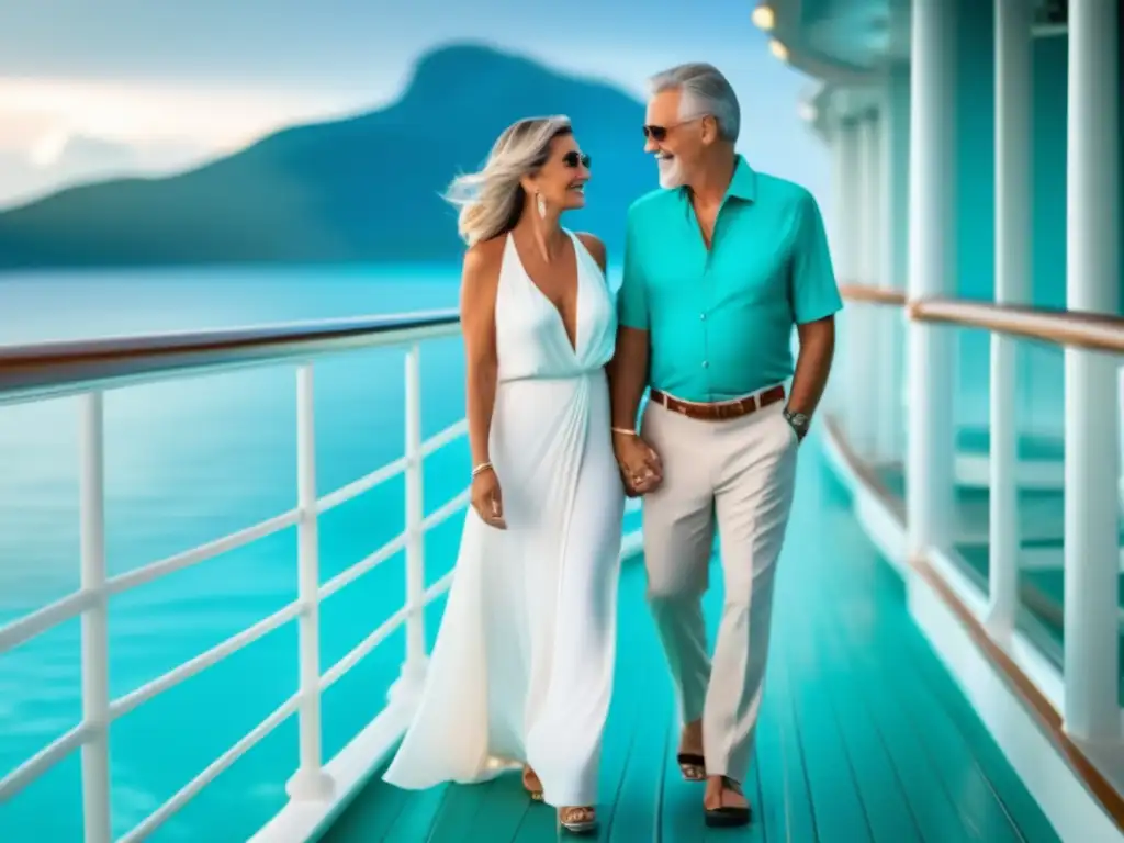 Pareja madura en un crucero de lujo, con aguas turquesas y playas blancas