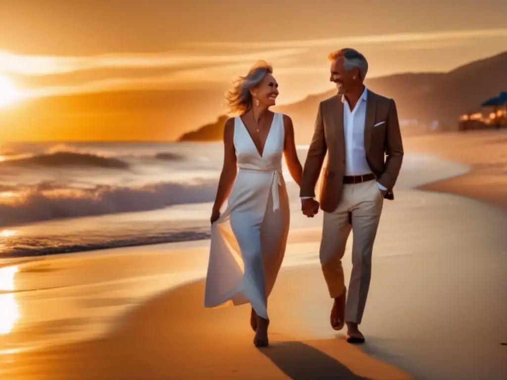 Pareja madura abrazándose en la playa al atardecer Pareja madura disfrutando de viaje con seguro médico para viajeros maduros