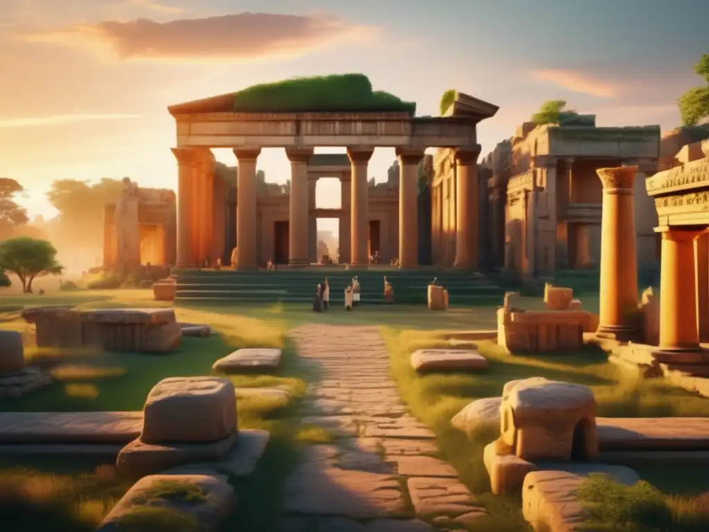 Ruinas antiguas iluminadas por la luz dorada del atardecer Viaje histórico para adultos mayores - Sitio arqueológico antiguo al atardecer, con ruinas imponentes, detalles decorativos y vegetación exuberante
