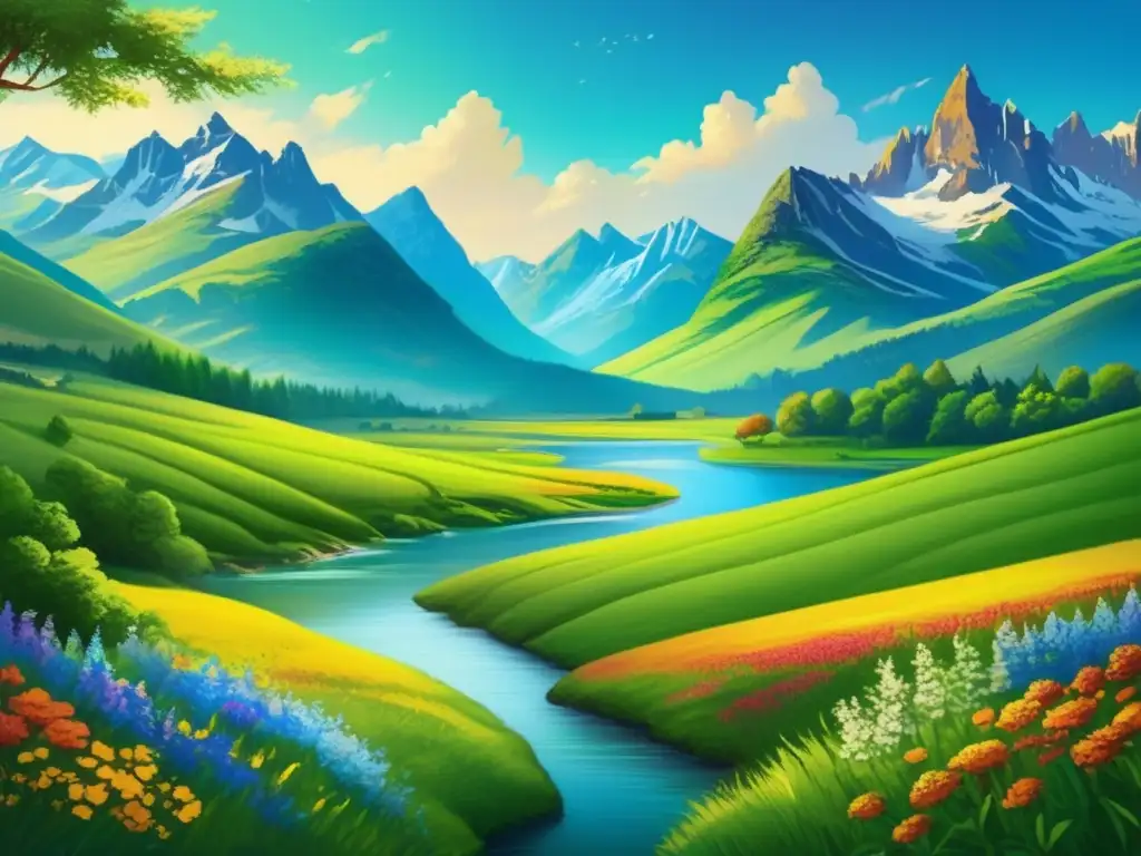 Paisaje rural sereno con montañas majestuosas y un río cristalino Paisaje rural sereno con montañas majestuosas y valle verde