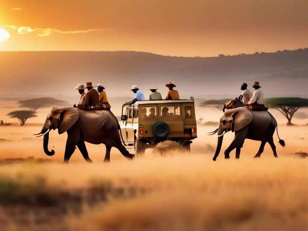 Aventura segura en safari para mayores Viajes de safari seguros para mayores: grupo de viajeros disfrutan una aventura en una sabana africana, siguiendo instrucciones de guías expertos