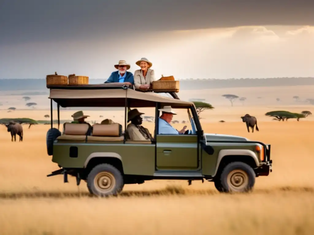 Safari inolvidable para adultos mayores Viajes de safari para mayores seguros en Reserva Nacional Masai Mara, Kenia: pareja emocionada en vehículo, elefantes y atardecer