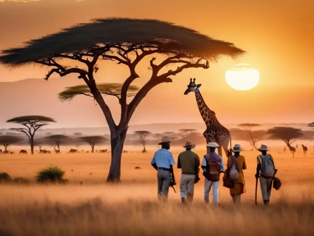 Guía segura viaje África seniors: Grupo de viajeros senior en una vasta sabana africana al atardecer, con girafas y una atmósfera cálida y dorada