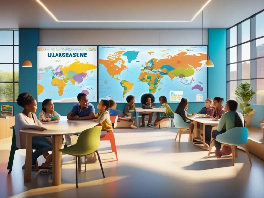 Aula de idiomas vibrante y moderna Consejos viaje lingüístico máximo: estudiantes diversidad aprendiendo idiomas en aula moderna e inmersiva