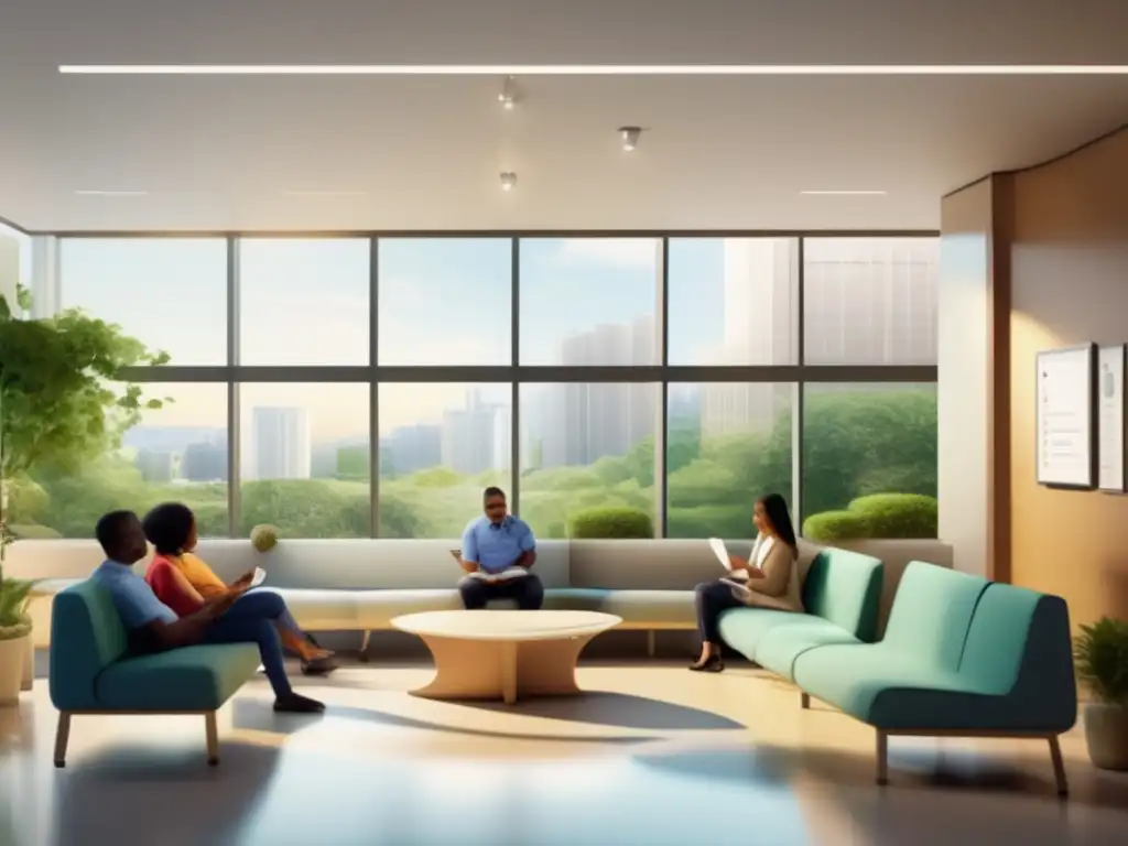 Sala de espera médica moderna y acogedora Grupo diverso en sala de espera médica con vista panorámica de jardín y pósters informativos sobre documentos necesarios viaje médico