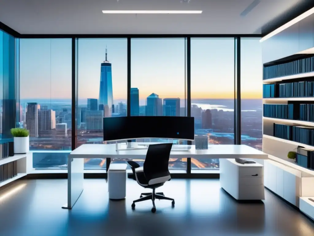 Sala de investigación moderna y elegante con vista panorámica a la ciudad y registros de inmigración para genealogía