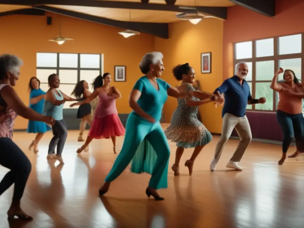 Clase de salsa para viajeros senior en estudio de baile vibrante y decorado, con instructor carismático liderando grupo a ritmo de música