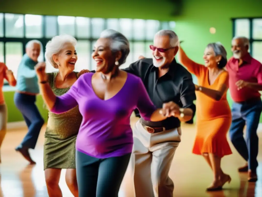 Talleres de salsa para viajeros senior: grupo alegre bailando con pasión y estilo en un moderno estudio iluminado y espacioso