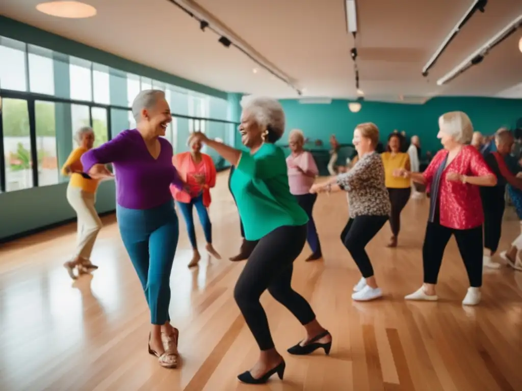 Talleres de salsa para viajeros senior: grupo alegre de mayores disfrutando de una clase de salsa en un estudio moderno y luminoso