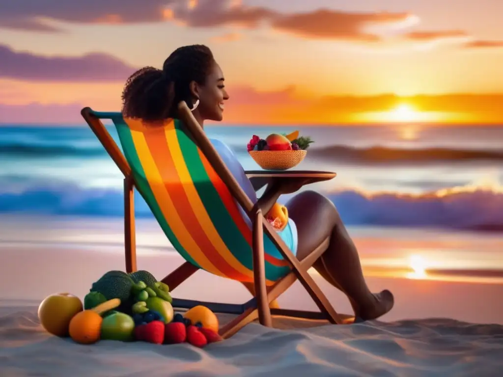 Alimentación saludable en una playa Dieta saludable en un viaje médico con frutas, vegetales y una hermosa playa al atardecer