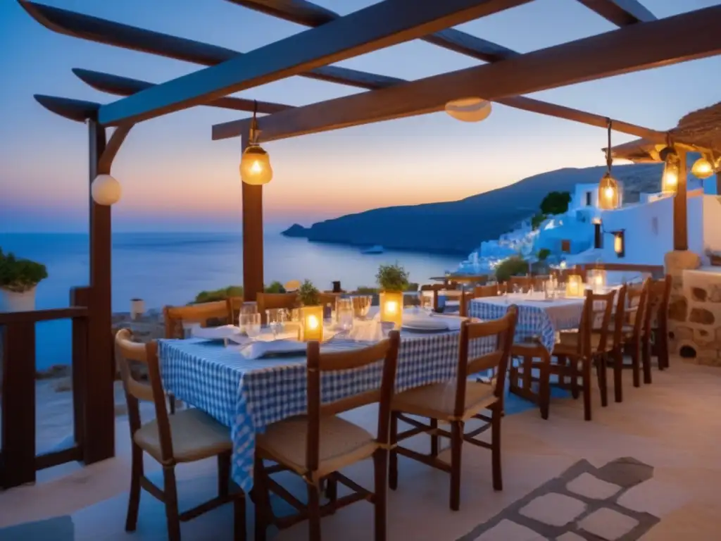 Taverna griega durante el atardecer Experiencias gastronómicas en Grecia para viajeros maduros: Taverna junto al mar, atardecer, cocina griega y mar Egeo
