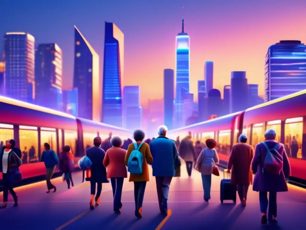 Ciudad moderna al atardecer: seguridad en transporte público Guía seguridad transporte público viajeros mayores - Ciudad moderna al atardecer con rascacielos iluminados y viajeros mayores seguros y empoderados