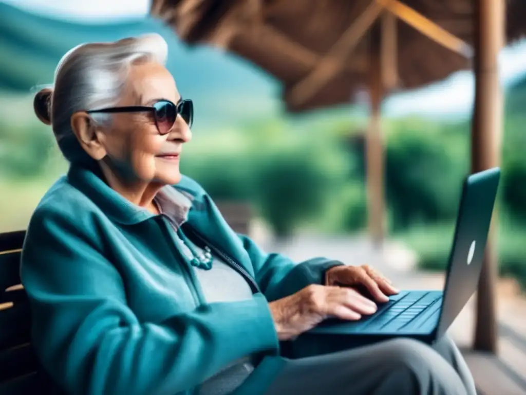 Seguridad online para viajero senior Viajero senior: Consejos de seguridad online con laptop moderna y elementos de protección