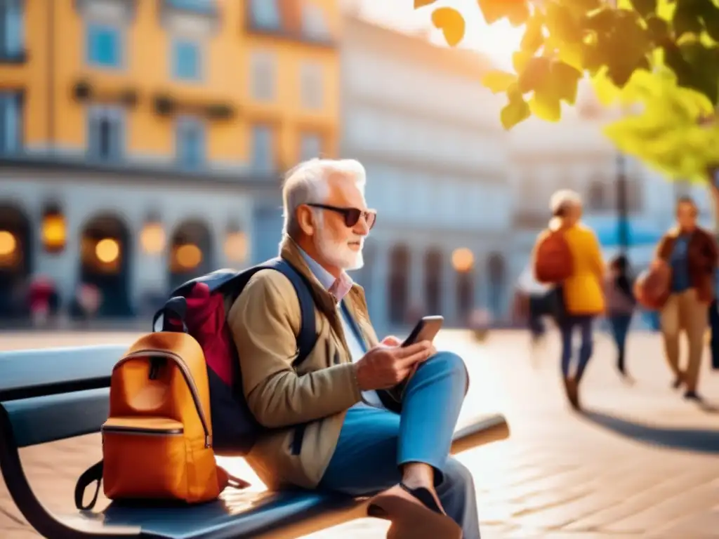 Seguridad y energía en el viaje de un adulto mayor Consejos antirrobo para viajeros seniors en bulliciosa plaza de ciudad