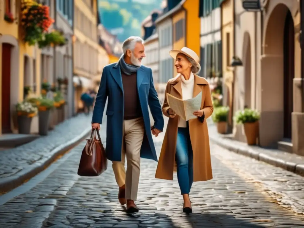 Pareja madura disfrutando Europa - Recomendaciones seguridad Europa viajeros maduros: Pareja elegante disfruta de paseo seguro en encantadora ciudad europea