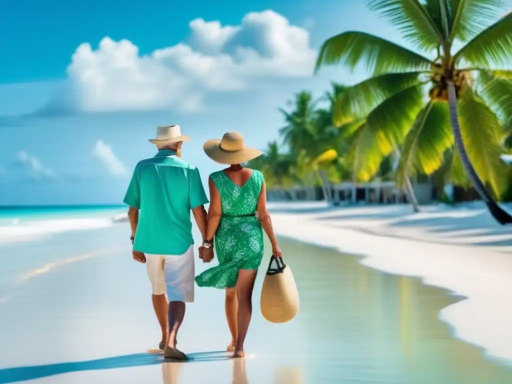 Tranquilidad y seguridad para viajeros mayores Pareja mayor disfruta de seguridad en playa tropical