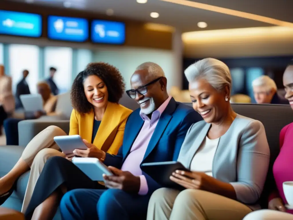 Grupo de viajeros mayores comparando seguros Un grupo diverso de viajeros mayores analizan seguros de viaje en un aeropuerto moderno