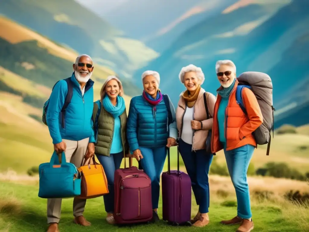 Grupo de viajeros mayores sonrientes frente a paisaje de montaña Grupo de viajeros mayores sonrientes frente a paisaje montañoso