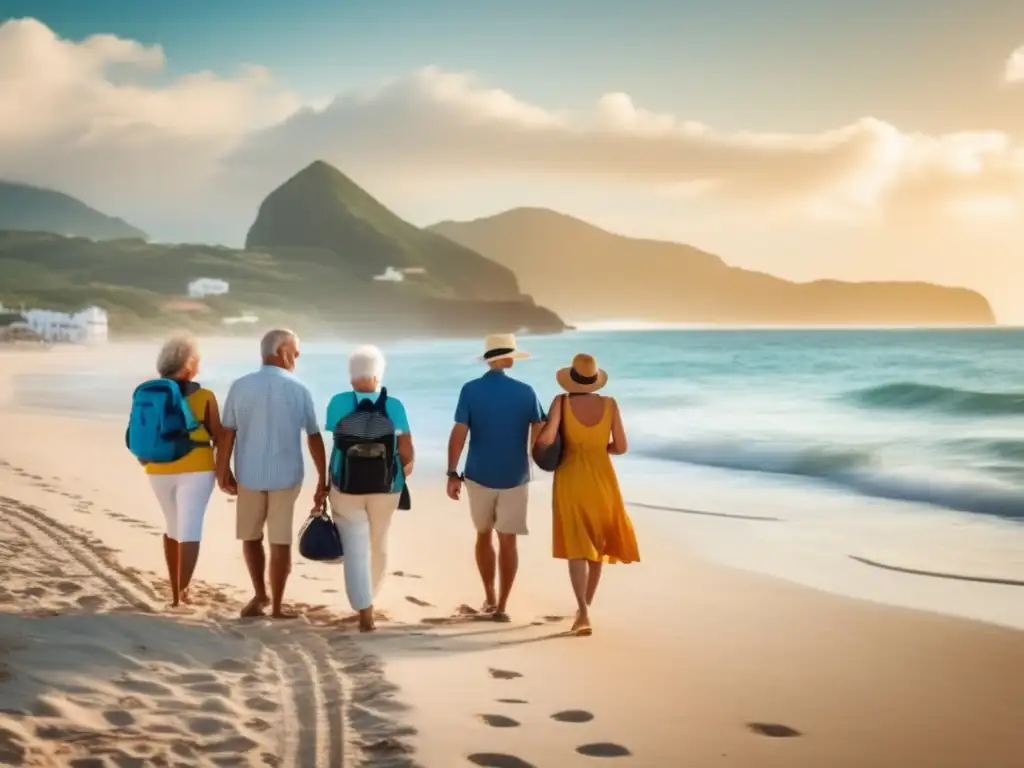 Viajeros mayores disfrutando seguro Beneficios seguro viaje viajeros mayores en playa