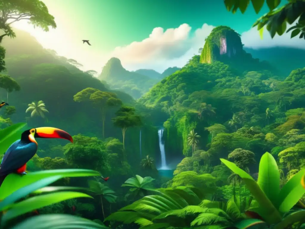 Selva tropical exuberante con río cristalino Paisaje tropical con flora exuberante, río cristalino y fauna exótica