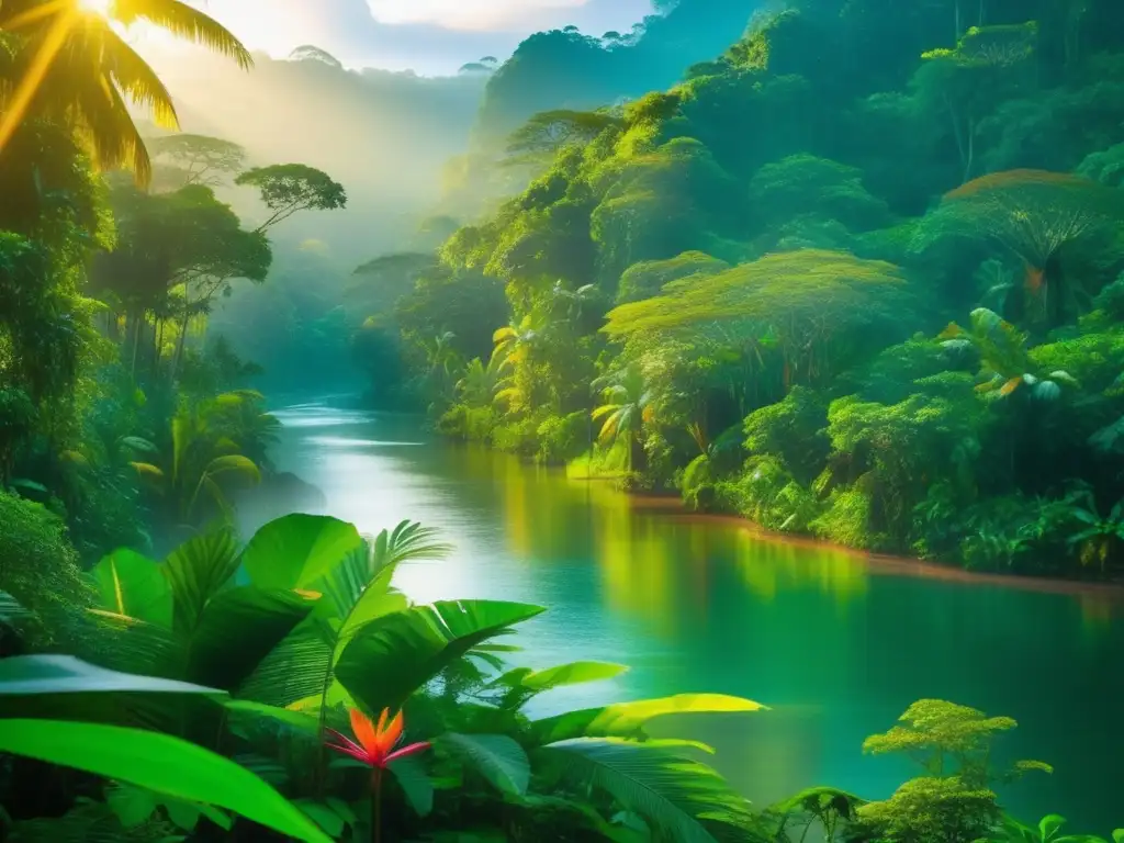 Exuberante y cautivadora selva tropical Un impresionante y cautivador bosque tropical, iluminado por los rayos dorados del sol