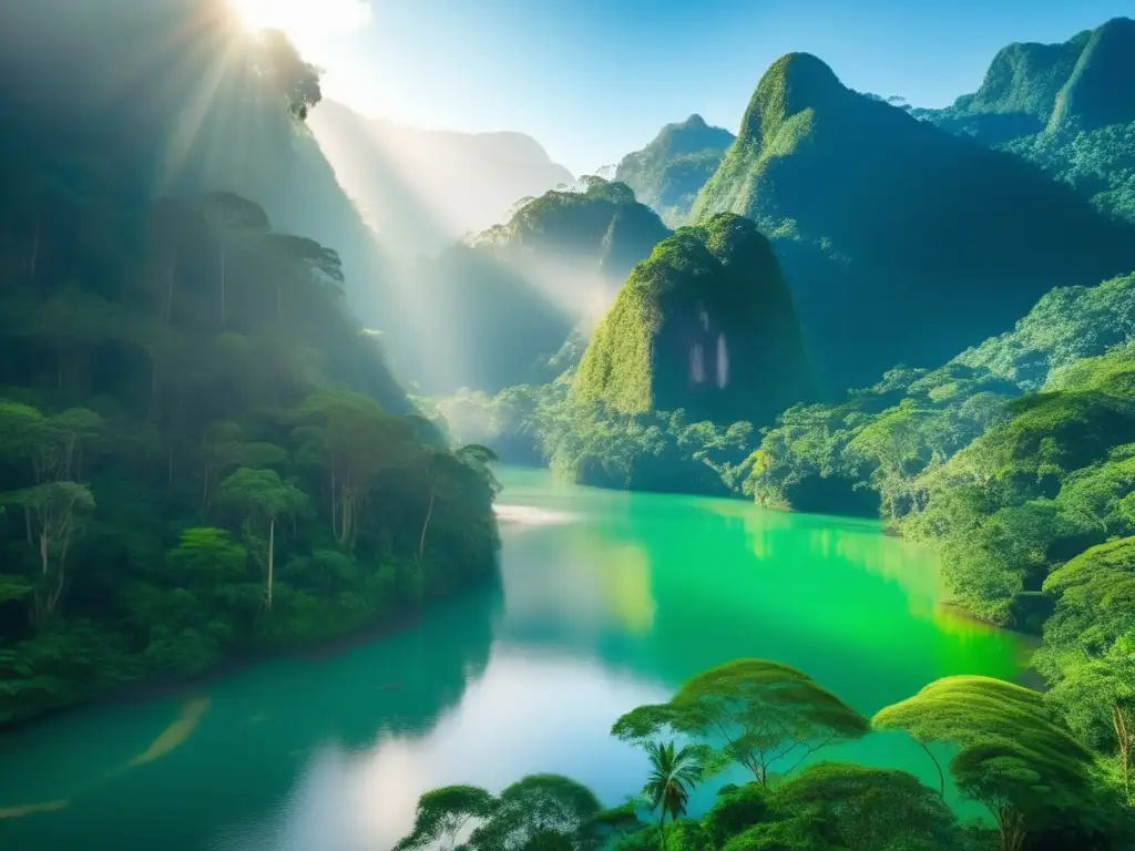 Bosque tropical con montañas neblinosas Destinos ecológicos para viajeros maduros: Imagen ultradetallada de una serena selva virgen rodeada de montañas cubiertas de niebla