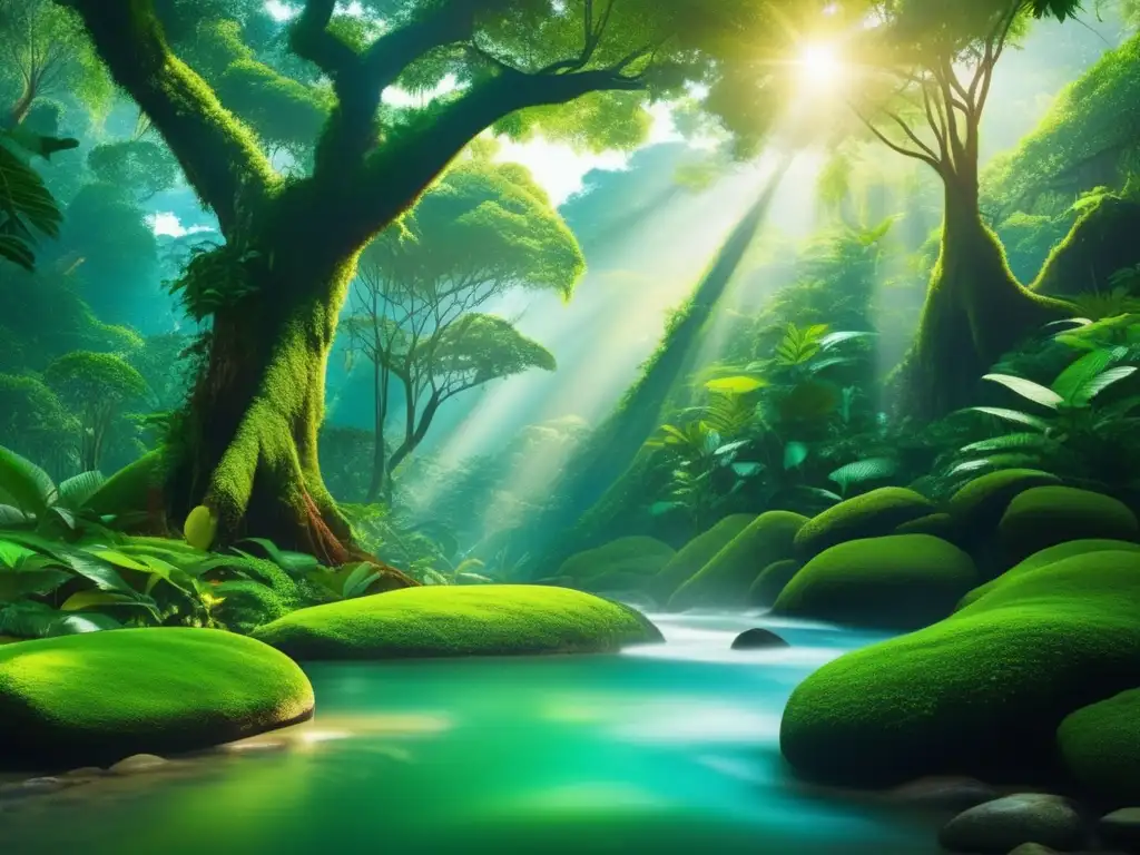 Selva tropical serena: árboles altos, luz y sombras Viajes sostenibles en selva tropical: puente de madera y río cristalino, aves coloridas - Turismo ecológico para viajeros maduros