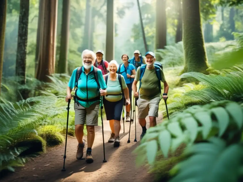 Senderismo inclusivo: mayores disfrutando la naturaleza Senderismo accesible para adultos mayores en un sendero rodeado de naturaleza exuberante y hikers disfrutando del recorrido